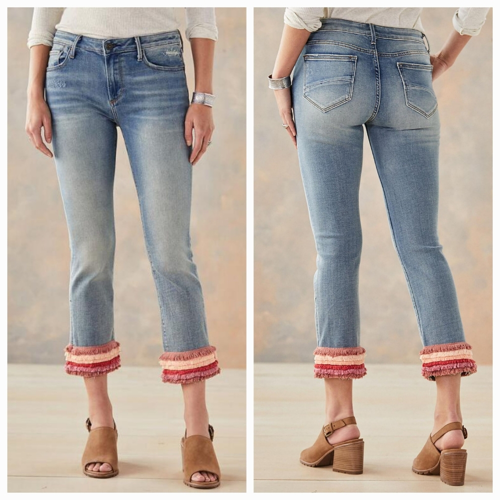 Driftwood Colette Distressed Slim Straight Fringe Ankle Jeans size 31
